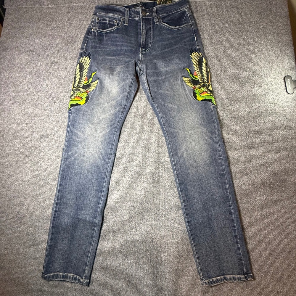 Ed Hardy Mens Slim Straight Embroidered Eagle Snake Tattoo Jean Blue 30 MEHD8301